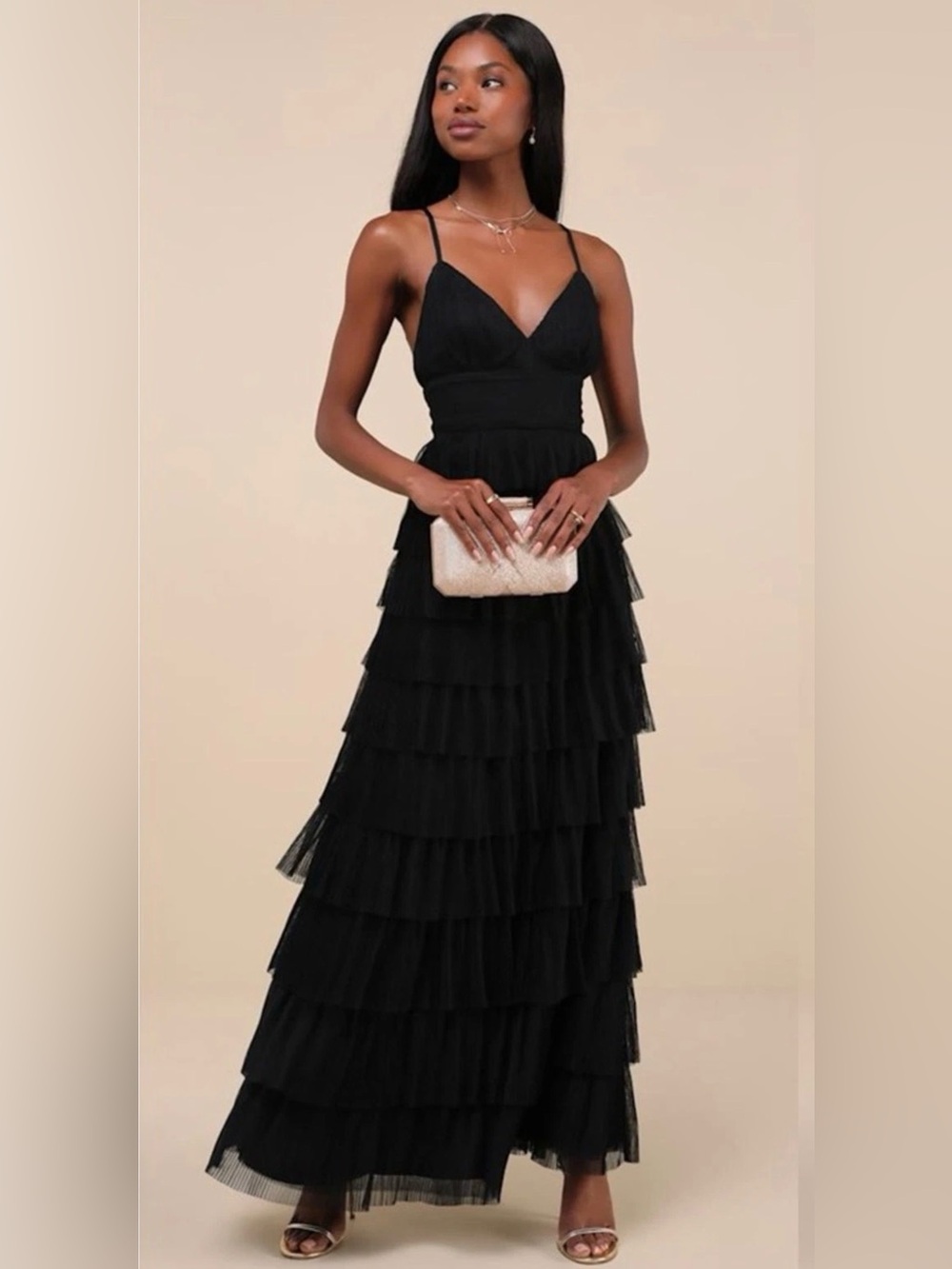 Lulus Radiant Event Black Mesh Tiered Pleated Backless Maxi Dress Size M NEW